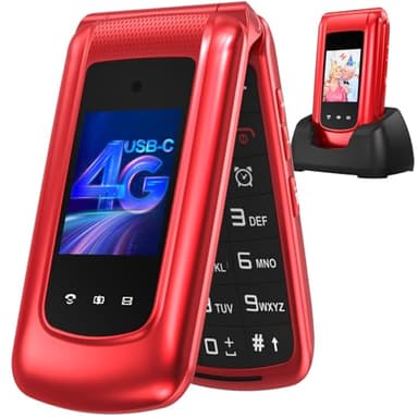 CHAKEYAKE 4G Telefono Movil para Mayores Libre con Teclas Grandes, Doble SIM Doble Pantalla LCD, Teléfono Móvil Personas Mayores con Botón SOS, Cable USB C | Batería 1000mah | Base Cargadora | Rojo