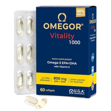 OMEGOR Vitality 1000 Omega 3 60 Cápsulas IFOS Certificado - Aceite de Pescado Omega-3 1000mg con EPA y DHA - Libre de Metales Pesados, Sin Sabor a Pescado, Facil de Digerir