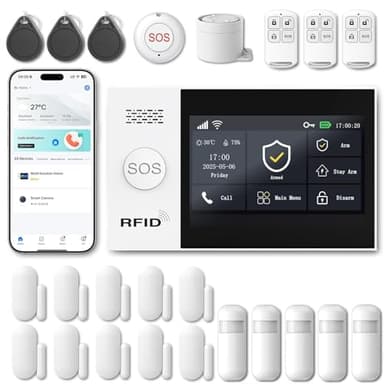 XUK Kit Alarma Casa WiFi+4G Sin Cuotas, con Pantalla Táctil de 4,3", Detector PIR, Sensor de Puerta/Ventana y Sirena de 120 dB, Sistema de Alarma para Casa Compatible con App y Alexa. (Lote de 24)