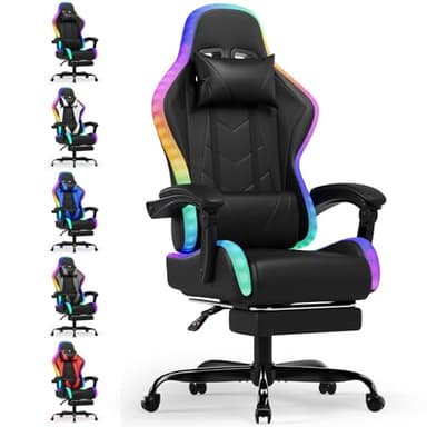 Devoko Silla Gaming con Masajeador y LED, Silla de Oficina Ergonómica con Reposapiés, Sillas Gaming para Oficina y Juegos con Iluminación RGB(Negro)