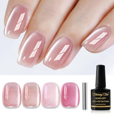 Shining She Esmalte Semipermanente de Uñas en Gel UV LED,4 Colores Cristal Clásico Nude Rosa Cat Eye Gel Polish Set,Ojo de Gato Jelly Pintauñas Semipermanentes para Manicura Francesa,8ML