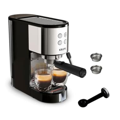 Krups Virtuoso Essential - Cafetera espresso 15 bar, acero inox negro, diseño compacto y elegante, parada automática, espresso y cappuccino, Thermoblock, boquilla de vapor, incluye cuchara, XP4418