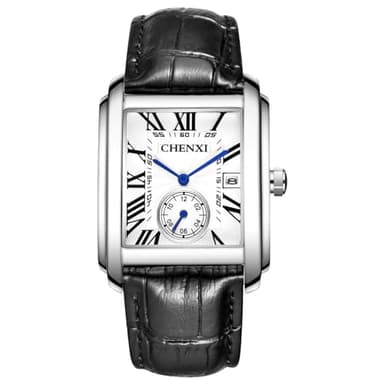 OIDEA Reloj Rectangular Cuero Hombre: Relojes Cuadrado Clásico de Cuarzo Analógico Resistente al Agua Vintage Plata para Caballero Calendario Escala de Números Romanos - para Ocio Negocios Regalos