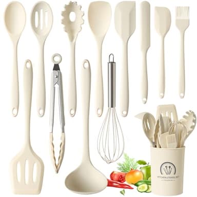 Omtofo 13 Piezas Utensilios de Cocina de Silicona, juego Utensilios de Cocina Resistencia al Calor y Antiadherente, sin BPA, con Cubo para Guardar Utensilios