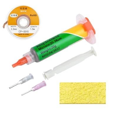 Pasta de Soldadura Sn42Bi58 20g para Electrónica – Flux Profesional No-Clean para Soldar SMD/PCB/Componentes – Incluye Malla Desoldadora 2mmx1,5m y Esponja – Flujo de Soldar Preciso y de Alta Fluidez