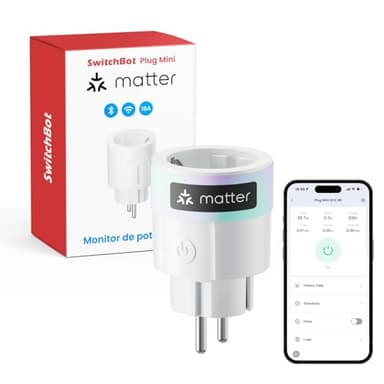 SwitchBot Matter Plug Mini con monitor de energía, control por Wi-Fi y Bluetooth, compatible con Alexa, Google Home, SmartThings y Home Assistant, control por voz y acceso remoto a la aplicación, 16A