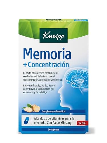 Kneipp Memoria Y Concentracion, Vitaminas para Reducir la Fatiga y el Cansancio, Ideal para situaciones de Estrés o Estudio, Vitaminas B1, B2, B5, B6, B12, C y Ginseng, 30 Cápsulas