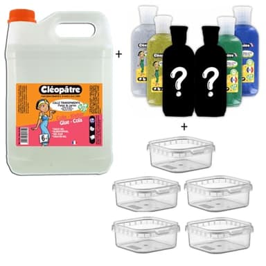 Cléopatre - Pack Pegamento Transparente 2kg + 6 Tubos de Purpurina + 5 Cajas de Almacenamiento - Pegamento Fabricado en Francia, Sin Disolventes, Limpieza con Agua - A partir de 6 Años