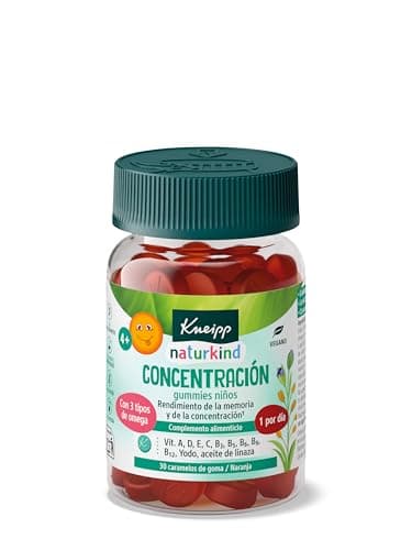 Kneipp Gummies Niños Concentración, Vitaminas A, D, E, C B3, B5, B6, B12, Ácido Fólico, Iodo, Aceite de Linaza: Omega 3, 6 y 9, Rendimiento Intelectual, Sistema Nervioso, Sabor Naranja, 30 Gominolas