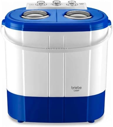 briebe Camp Mini Lavadora Portátil con Centrifugado, Camping, Capacidad Ropa 3Kg, Ideal Viajes, Camper y Autocaravanas, 2 Compartimentos, Carga Superior, Bajo Consumo Agua y Energía, Azul/Blanco