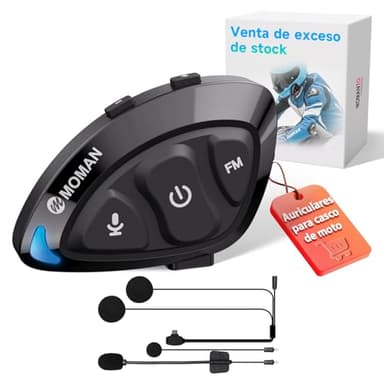 Moman Auriculares Casco Moto-Ultraligero, RS-S Manos Libres Auriculares Inalámbricos con Micrófono HiFi Estéreo Reducción de Ruido/Radio FM/Asistente de Voz/IPX6 Impermeable