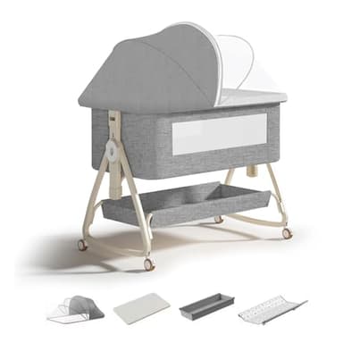 RIKCAT Cuna de Colecho 4 en 1 Convertible en Minicuna | Cuna de Bebé Ajustable en 6 Alturas (0-3 Años) con Colchón,Cambiador,Mosquitera y Cesta de Almacenamiento | para Colocar al Lado de Cama (Gris)