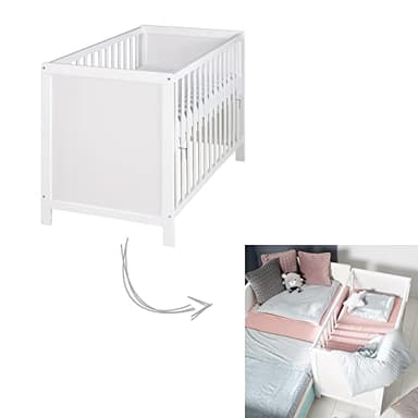 roba Cuna Colecho 60 x 120 cm, 2en1, Convertible en Cama de Bebé Independiente, Ajustable en Altura, 5 Barrotes Desmontables, Madera Blanca