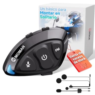 Moman Auriculares Casco Moto, RS-S Ligero Manos Libres Auriculares Inalámbricos con Micrófono HiFi Estéreo Reducción de Ruido/Radio FM/Botón Apto para Guantes/Asistente de Voz/IPX6 Impermeable