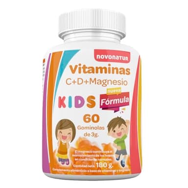Vitaminas niños C + D + Magnesio, en formato gominola o gummies masticables, fortalece el sistema inmunitario, aumenta las defensas y ayuda al crecimiento, masticables sabor a melocotón.