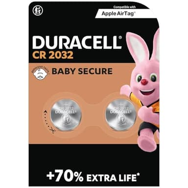 DURACELL CR2032 Pilas de botón de litio 3 V (pack de 2) - Hasta un 70 % extra duración - Tecnología Baby Secure - Recomendadas para Apple AirTag