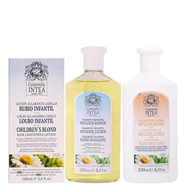 Camomila Intea - Tratamiento aclarador para el cabello - Loción Cabello Rubio Infantil 100 ML + Champú Infantil Reflejos Rubios 250 ML + Acondicionador Reflejos Rubios 250 ML (El empaque puede variar)