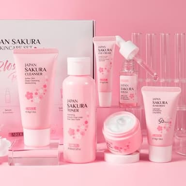 LAIKOU Juego de regalo para el cuidado de la piel para adolescentes, juegos y kits de cuidado de la piel JAPAN SAKURA para mujeres con limpiador, tónico, suero, crema para ojos, crema facial