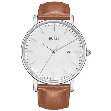 BUREI - Reloj Minimalista Ultra Delgado para Hombre, Calendario, Elegante, Ventana Moderna, Simple, Esfera Grande, Correa de Piel, marrón, Plata Blanca, Correa, Marrón Plata Blanco, Correa