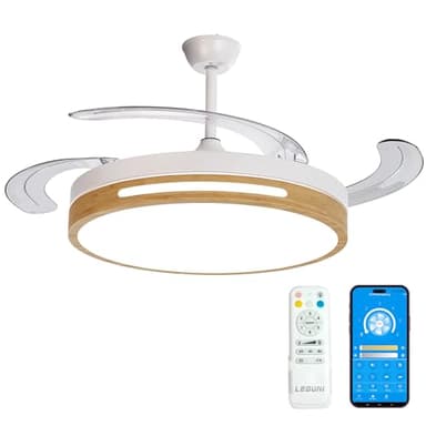 LEDUNI Ventilador con Luz LED con mando+APP 50CM, Motor DC +Luz LED, 66W,temporizador, 6 velocidades, aspas retráctiles, 3 temperaturas de luz, función verano-invierno Silencioso (Madera)