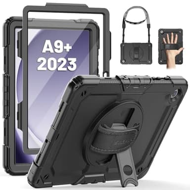 SEYMAC Funda para Samsung Galaxy Tab A9 Plus 11" 2023, Funda Tab A9 Plus con Protector de Pantalla, Soporte Giratorio de 360°/Correa de Mano, Correa para el Hombro, con Soporte para Bolígrafo, Negro