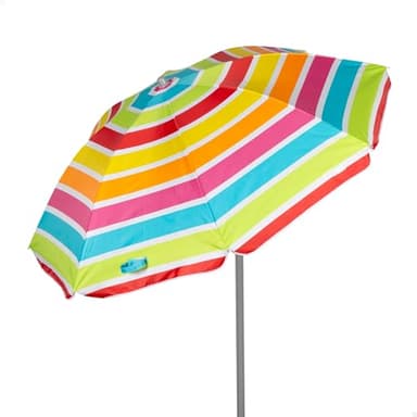 AKTIVE Sombrilla de playa, 160 cm, Rayas multicolor, Protección UV50, Inclinable y regulable en altura, Mástil acero, Tejido poliéster Oxford, 8 varillas, Funda transporte con asa (62360)