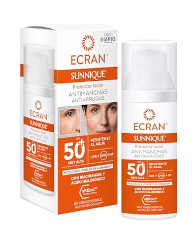 ECRAN SUNNIQUE – Protector Facial Antimanchas Antiarrugas SPF 50+ con Niacinamida y Ácido Hialuronico, Despigmenta y Unifica el Tono, Fórmula con VitEox80 - 50 ml