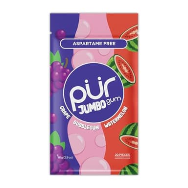 PUR Jumbo Gum | Goma de Mascar Sin Aspartamo | Con Xilitol | Sabor Natural Bubblegum, Grape, Watermelon, 20 Piezas (Paquete de 1)