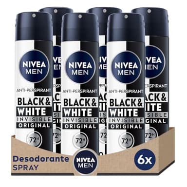 NIVEA MEN Black & White Invisible Original Spray 72h (6 x 200 ml), desodorante antimanchas de cuidado masculino
