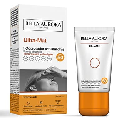 Bella Aurora Ultra-Mat Protector Solar Facial SPF50 | Gel Antimanchas de Absorción Rápida | Control de Brillos y Acabado Mate | Piel Grasa y Mixta | 50 ml