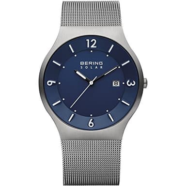 BERING 14440-007 Reloj solar para hombre con caja de acero inoxidable de 40 mm con acabado en gris y esfera azul, correa milanesa, cristal de zafiro y resistencia al agua de 5 ATM