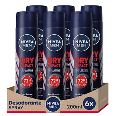 NIVEA MEN Dry Impact - Desodorante Antitranspirante para Hombre en Spray - 72h de Protección Fiable Anti Sudor - Sin Alcohol - Con 2 Activos Antibacterianos - Todo tipo de Piel - Pack de 6 x 200 ml