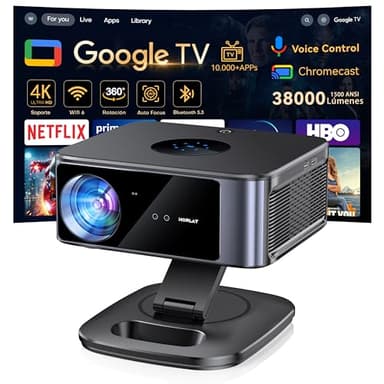 Proyector 4K【1500 ANSI/Google TV/Netflix Oficial】 Horlat 38000Lúmenes Proyector Portatil, Gira 360 °,Full HD 1080P Nativo, WiFi6 &Bluetooth 5.3, Control de Voz Projector en Casa/Exterior