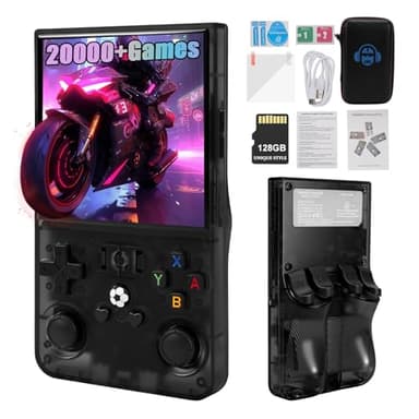 R36MAX - Consola de juegos retro, consola de juegos portátil con pantalla IPS HD de 4,0 pulgadas, 128 GB preinstalada, más de 20.000 juegos retro, sistema Linux de código abierto, 4000 mAh recargable