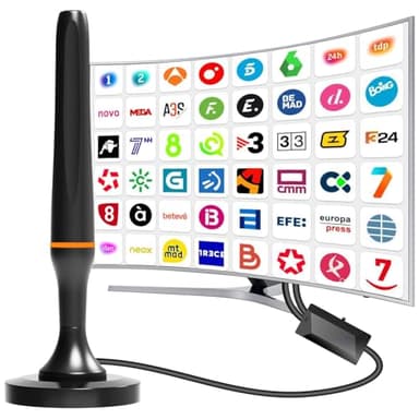 Antena TV Interior Potente TDT con Amplificador, Antena portatil TV Recepción 360° Omnidireccional 4K 1080P, Canales Locales Sin Suscripción, Base Magnética & Cable de 3m