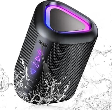 Altavoz Bluetooth Portátil Potente Inalámbrico con Luz LED, Bluetooth 5.4, 24 Horas, Graves Mejorados, 360° Sonido Estéreo, Impermeable IPX7, Speaker de Exterior para Viajes/Deportes/Fiestas/Ciclismo