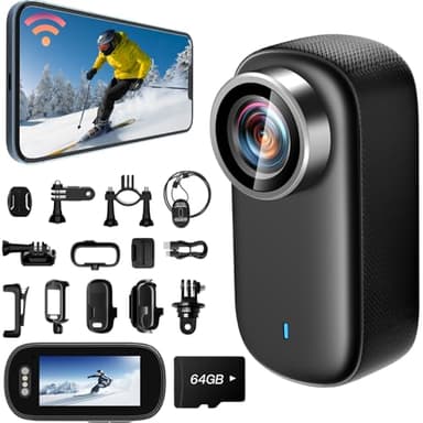 SecuraLen Mini Camara Deportiva 4K UHD WiFi con Pantalla 64GB, 150° Gran Angular & IP65 Impermeable Action CAM WiFi, Anti-Vibración Portátil Camara Moto Ideal para Deportes Actividades al Aire Libre