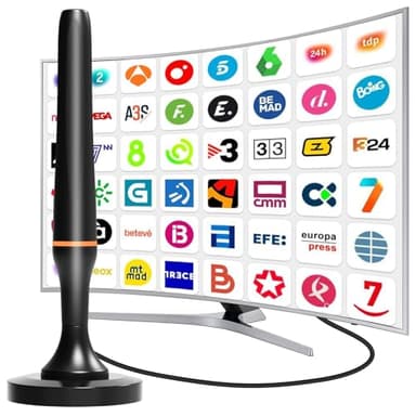 Antena TDT Interior, Antenas TV Interior Portátil 4K HD, Antena TV Interior Potente, recibe Canales Locales Recepción 360° Omnidireccional, Sin Costos de Suscripción, Cable de 2,5m & Base Magnética