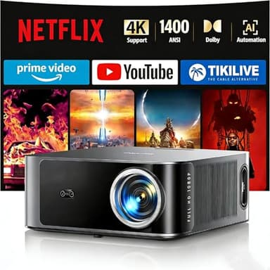 Proyector【1400 ANSI/App Oficial Integrada/36W Dolby】Smart Proyector 4K Compatible con Netflix AI Auto Focus/Keystone, Proyector1080P Nativo WiFi6 Bluetooth5.2 Zoom 50% Cine en Casa/Exterior para Movil