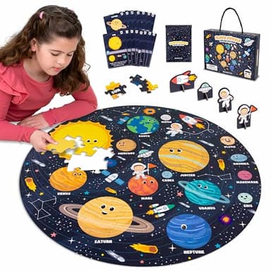 BONNYCO Puzzle XXL Sistema Solar para Niños con 70 Piezas Grandes. Rompecabezas Redondo Planetas 58 x 58 cm, 15 Tarjetas, 4 Figuras y Guía. Juegos Educativos, Regalos, Juguetes Niños 4 Años