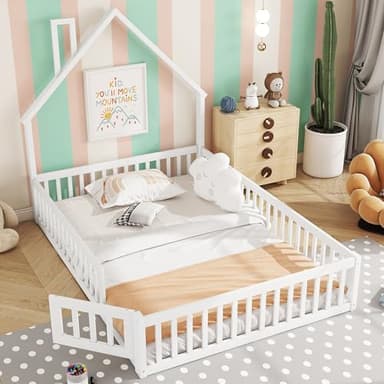 LAKFEW Cama Montessori Infantil 140x200 cm con Barandilla y Diseño de Chimenea, Cuna Cama Bebe Niño Niña con Listones de Madera, Cama Suelo Criança Doble, Blanco, Sin Colchón