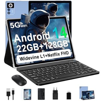 ZIOVO Tablet 14 Pulgadas Android 14 Tableta, 22GBRAM+128GB ROM (1TB TF), Widevine L1|8000mAh| Octa-Core|2.0GHz| 5G WiFi| BT 5.0| 5+8MP, 2 en 1 Tableta táctil con teclado y ratón