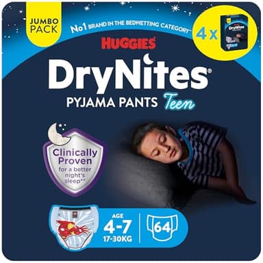 Huggies DryNites Pañales de Noche para Niño 4-7 (17-30 kg), Clínicamente Probado con 5 Capas de Máxima Protección Nocturna, 4 Packs de 16, Total 64 Calzoncillos Absorbentes