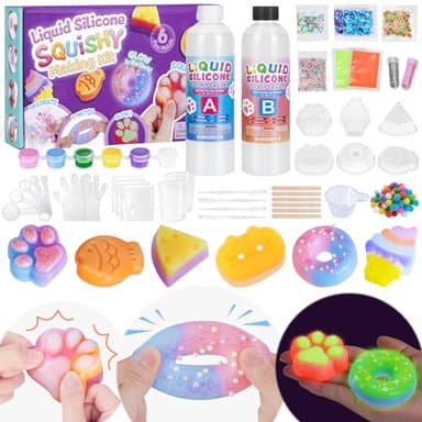 Highttoy Kit Squishy Silicona Líquida Luminoso Bricolaje, 480ml AB Proporción 1:1 Squishy Goma de Silicona avec 6 Moldes y Accesorios, Juguetes Sensoriales Antiestrés para Niños 6+ Años