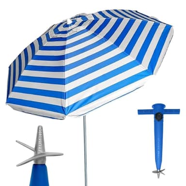 Pincho Sombrilla Playa Grande 200 cm, Antiviento con Protección UV50+, Tubo de Aluminio y 8 Varillas de Fibra de Vidrio, Reclinable con Ventana Superior, Incluye Punta de Aluminio.