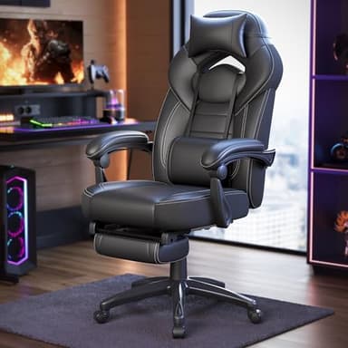 SONGMICS Silla Gaming, Silla de Oficina, Ordenador, Diseño Ergonómico, con Reposapiés, Reposacabezas Ajustable, Cojín Lumbar, Capacidad de Carga 150 kg, Negro OBG077B01