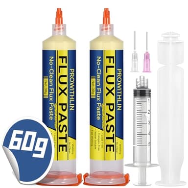 prowithlin Flux para Soldar Estaño, 60 ml, 2 Pcs Pastas para soldaduras sin Limpieza con 2 Agujas, 1 Empujador y 1 Jeringa, 60g Flux para Reparación de BGA/IC/CPU/PCB/SMD