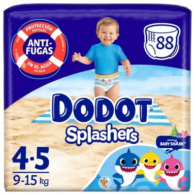 Dodot Pañales Bebé Splashers Baby Shark, Talla 4 (9-15 kg), 88 pañales,Bañadores desechables, Protección Anti-fugas En El Agua