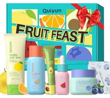 QUIYUM Fruta cuidado facial 5 piezas para mujer con limpiador, tónico, suero, crema para los ojos y crema hidratante, adecuado para mujeres y adolescentes