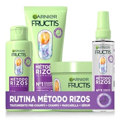 Garnier Fructis Método Rizos con Tratamiento Pre Champú, Champú, Spray y Mascarilla, Rutina para rizos y ondas definidas, Ácido hialurónico y Karité, Fórmula vegana, 2x 200ml+150 ml+370 ml